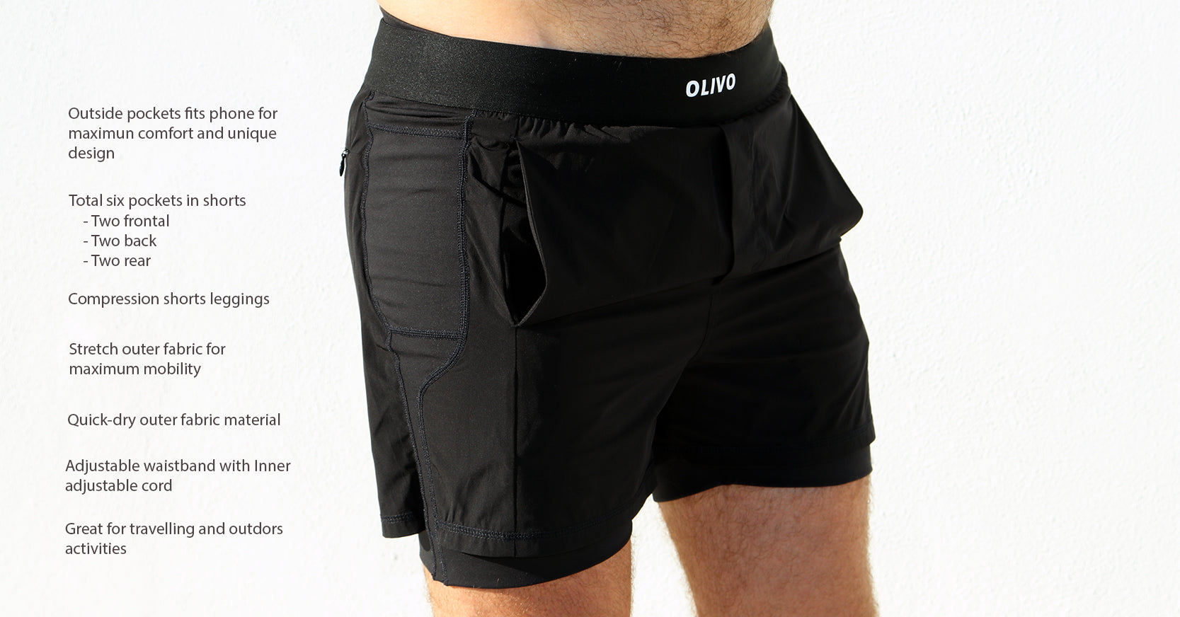 Shorts for men with leggings 2in1 compression shorts outside pocket –  olivoactivewear
